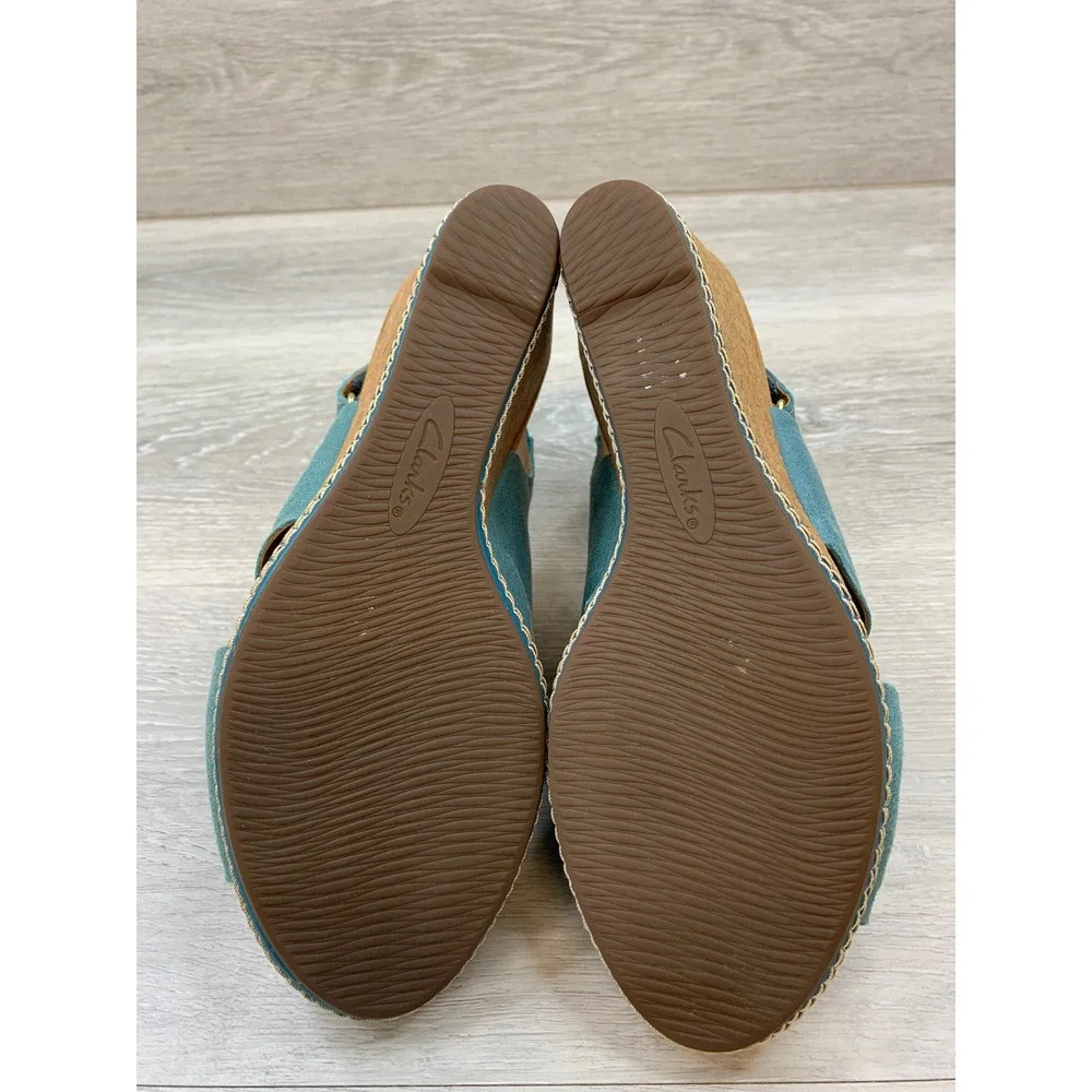 Clarks Women's Teal Blue Suede Cork Wedge Sandals 9 Casual Comfort Shoes